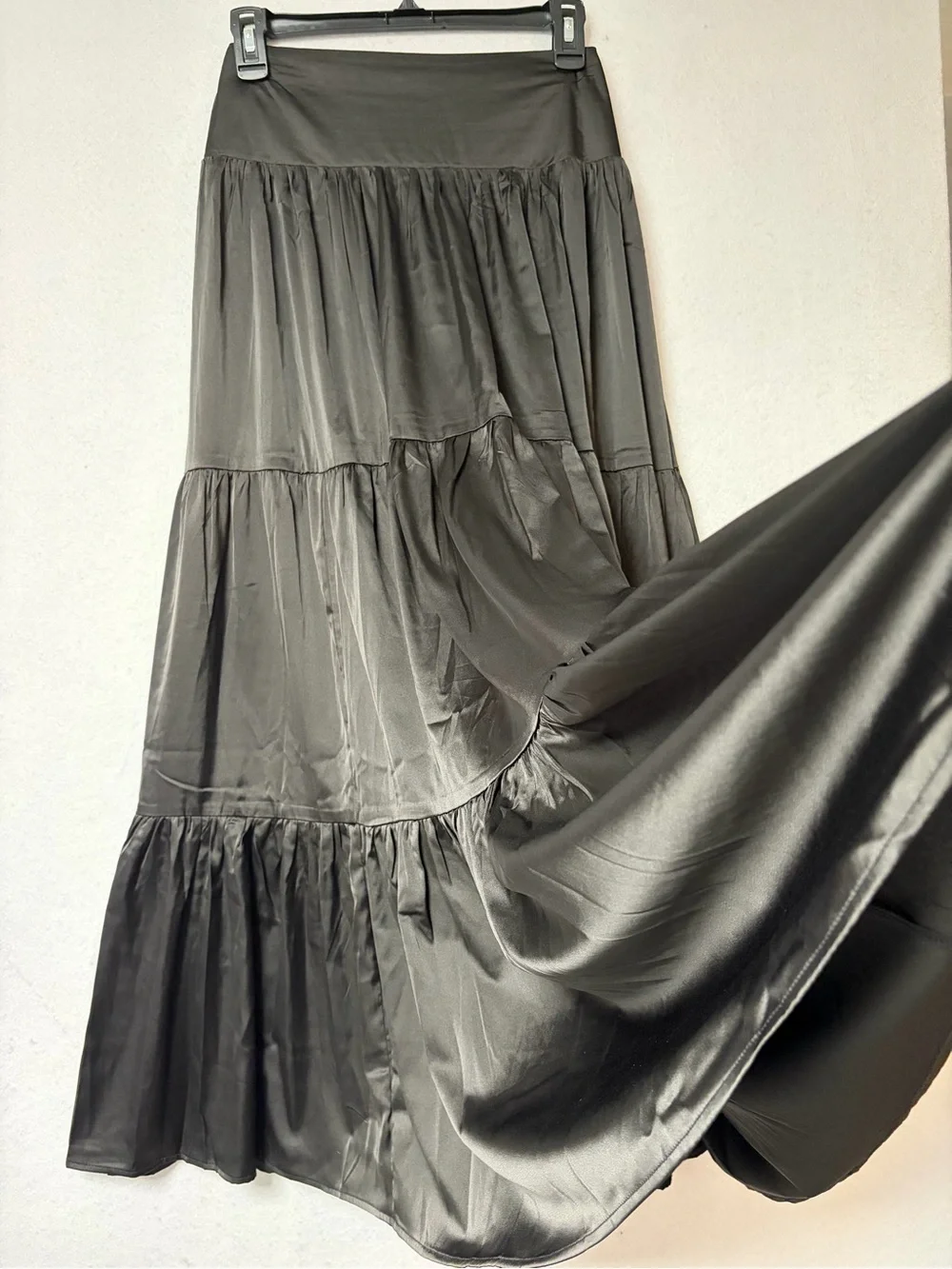 Natural Life Black Satin Boho Maxi Skirt Flowy Tiered Cottagecore Size Medium